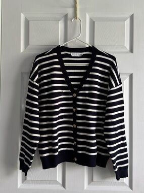Striped Navy and White V-Neck Button Cardigan
